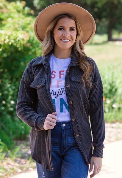 Textured Button Down Shacket Charcoal