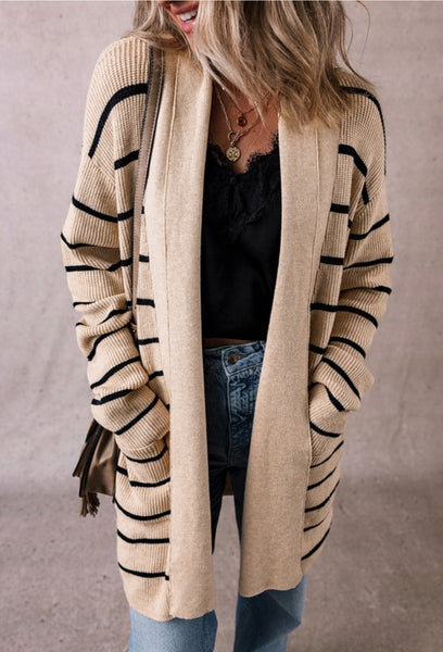 Khaki Black Stripe Pocket Cardigan