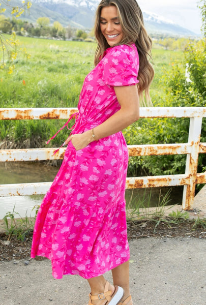 Charlotte Floral Midi Dress Pink Fuchsia Mix