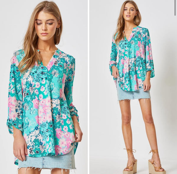 Lizzy Top Teal Turquouse Floral