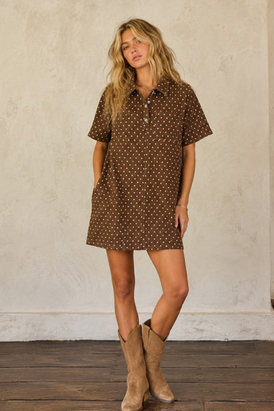 Mocha Polka Dot Denim Shirt Dress
