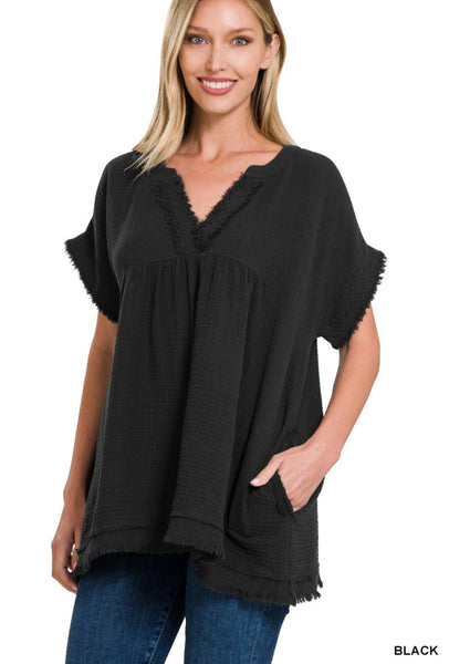 Laci Raw Hem Top Black