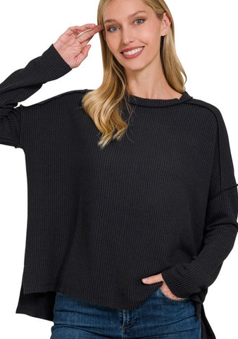 Ribbed Knit Long Sleeve Top Black