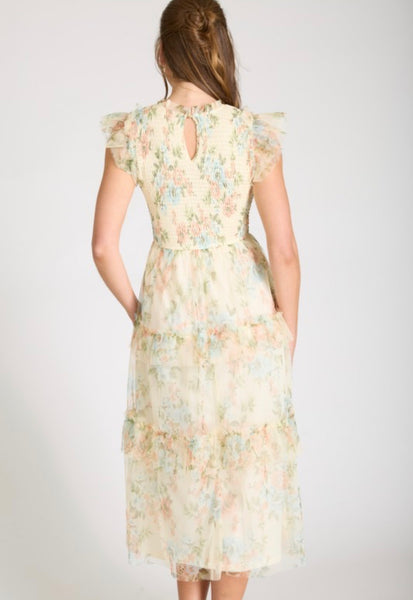 Pale Yellow Floral Ruffle Chiffon Dress