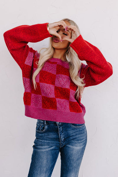 Checkered Heart Textured Sweater