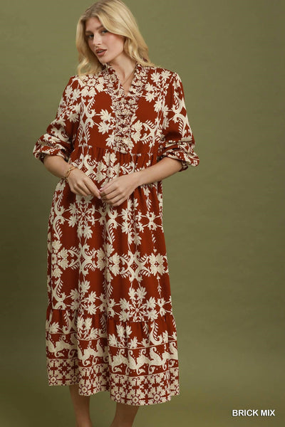 UMGEE Cameron Border Print Maxi Dress Brick