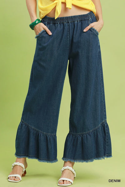 UMGEE Dark Denim Ruffle Wide Leg Pant