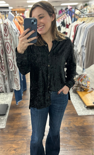 UMGEE Striped Velvet Button Down Top Black