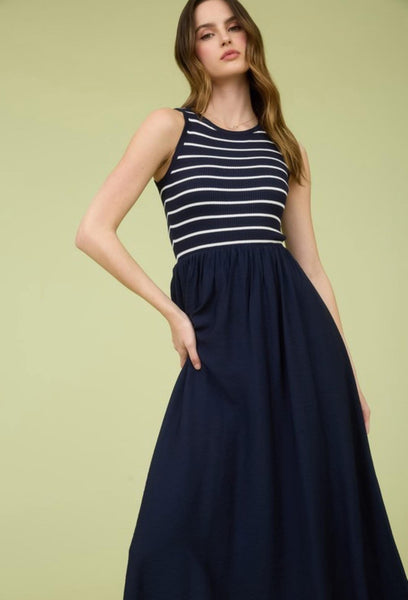 Navy Stripe Mixed Media Midi Dress