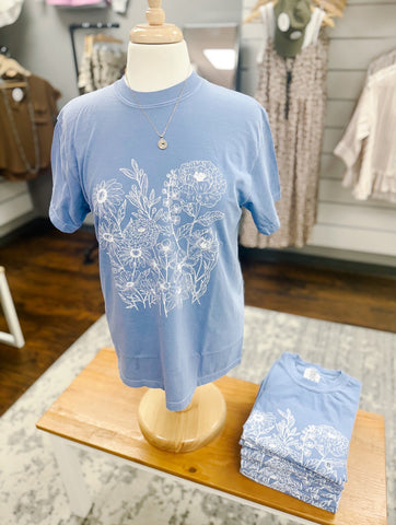 Comfort Colors Denim Blue Outline Floral Tee