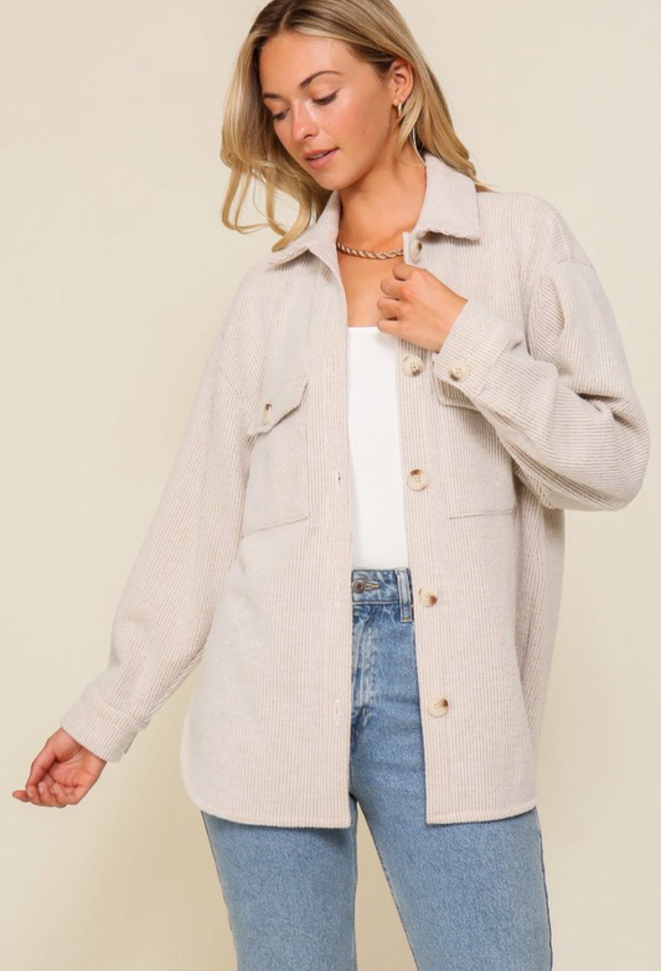 Cozy Brushed Waffle Shacket Oatmeal