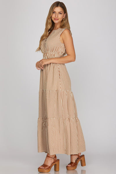 Mocha Gingham Tiered Maxi Dress