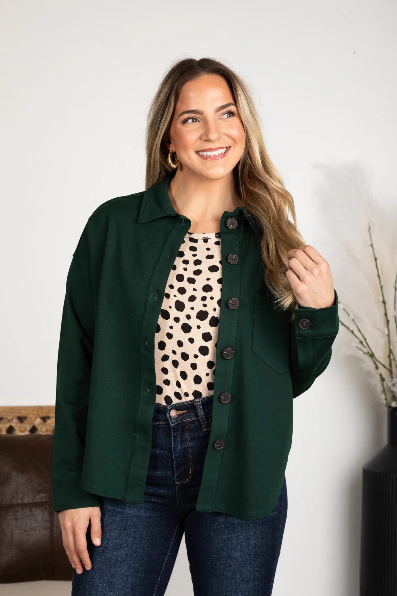 Solid Button Down Shacket Dark Green