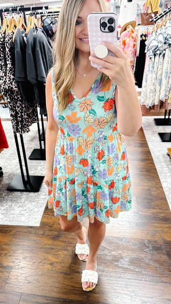 Mint Floral Tiered Ruffle Sun Dress