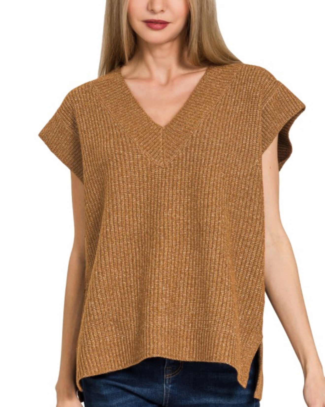 V Neck Boxy Sweater Vest Camel