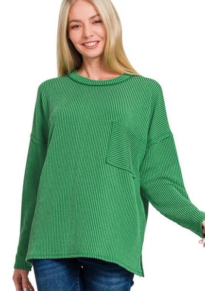 Ribbed Knit Solid Basic Top Dark Green