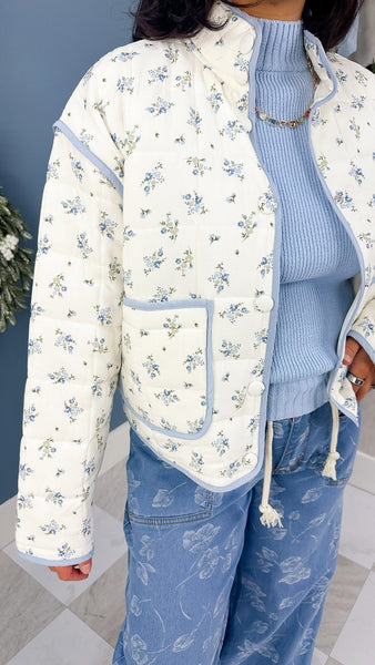 Ivory Blue Floral Quilted Jacket
