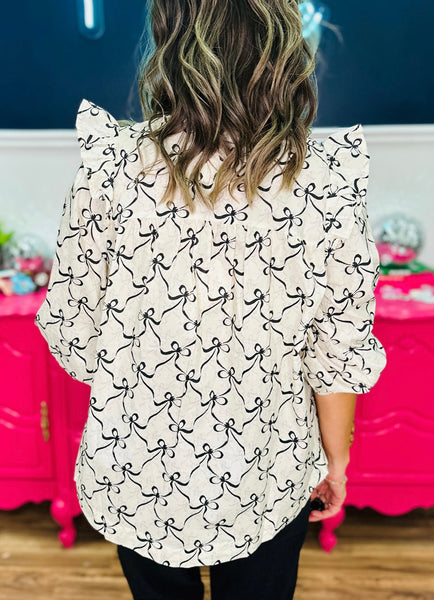 UMGEE Black & Cream Bow Quarter Sleeve Top