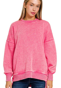 Acid Wash Fleece Hi Lo Hem Sweatshirt Hot Pink