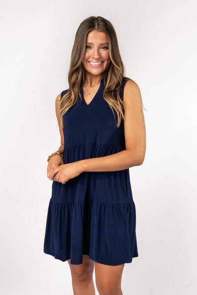Solid Tank Ruffle Tiered Dress Navy