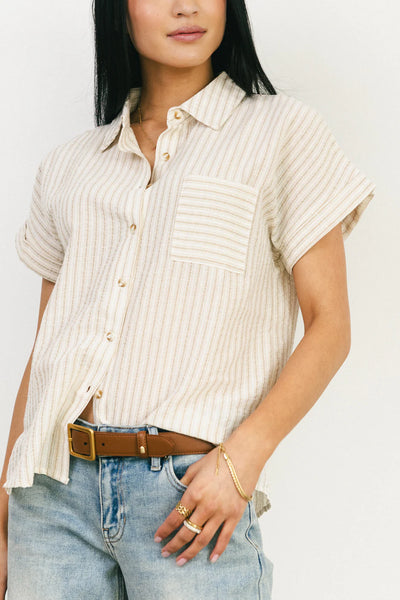 Stripe Collared Linen Blend Button Down Khaki