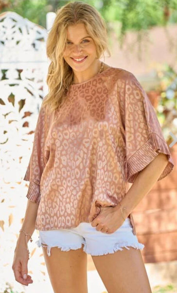 Taupe Leopard Satin Bell Sleeve Top