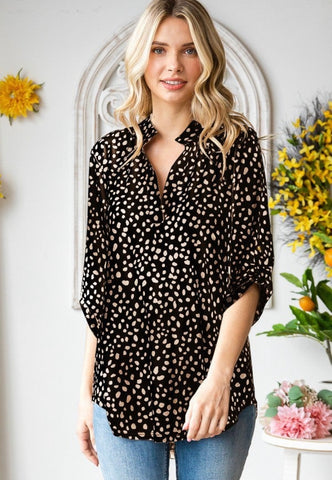 Black Dotted Quarter Sleeve Collar Top