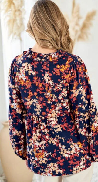 Midnight Blue Floral Ruffle Collar Top