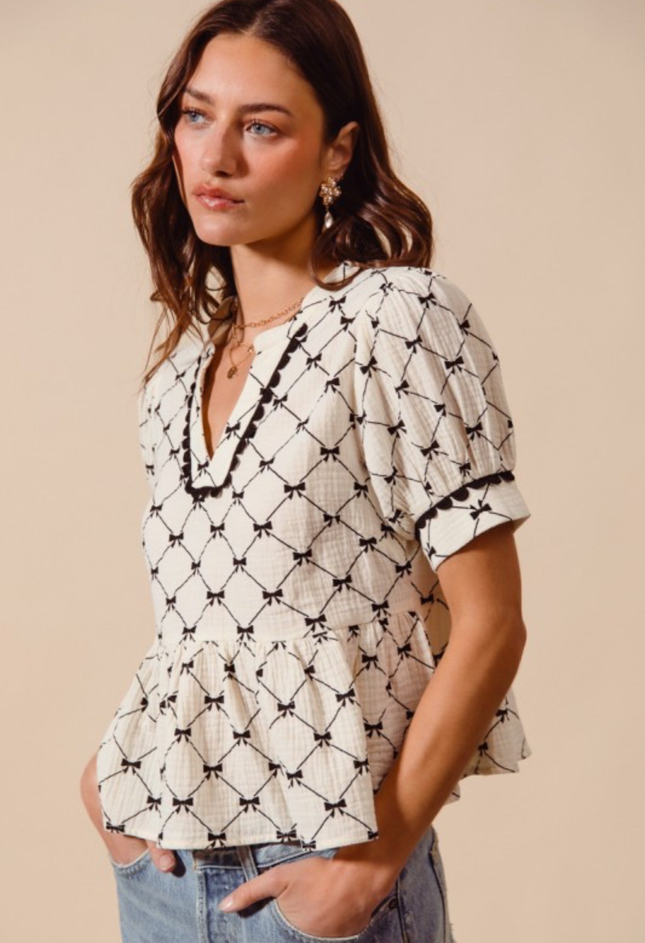 Bow Ribbon Print Peplum Top