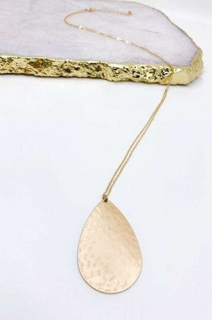 Worn Gold Hammered Teardrop Pendant Necklace