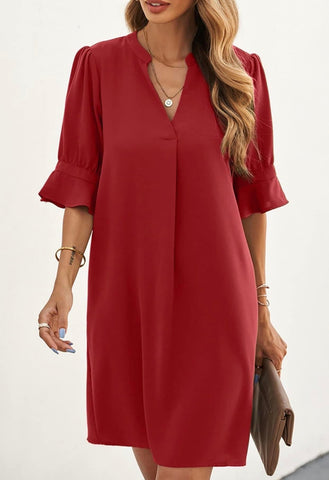 Perfect Fit Solid Ruffle Sleeve Dress Red