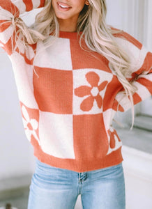 Pumpkin Checkered Floral Sweater