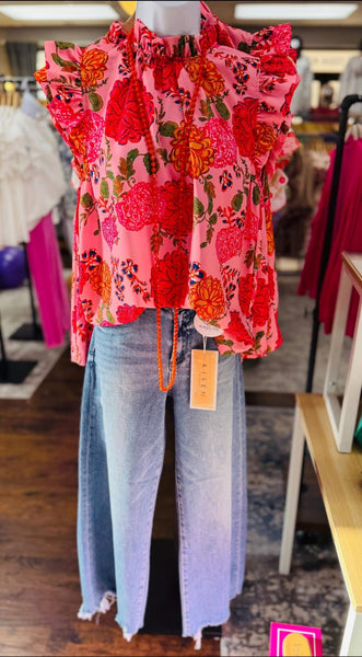 UMGEE Floral Print Ruffle Neck Top Pink Mix