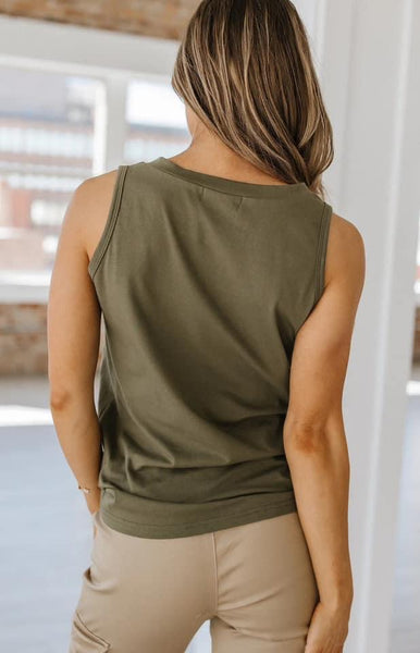 Dusty Dark Green V Neck Button Detail Tank