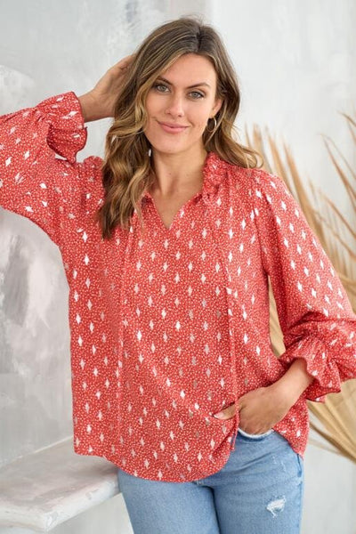 Red Dotted Ruffle Neck Foil Print Top