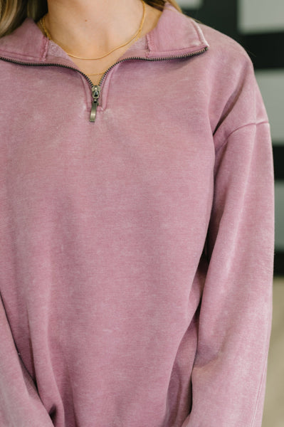 Acid Wash Half Zip Sweatshirt Rose