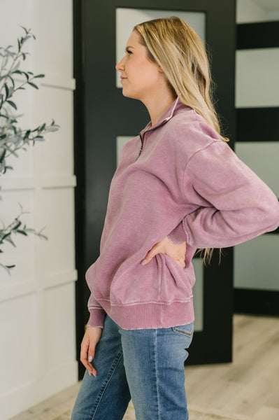 Acid Wash Half Zip Sweatshirt Rose