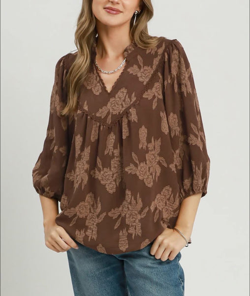UMGEE Floral Textured Top Cocoa