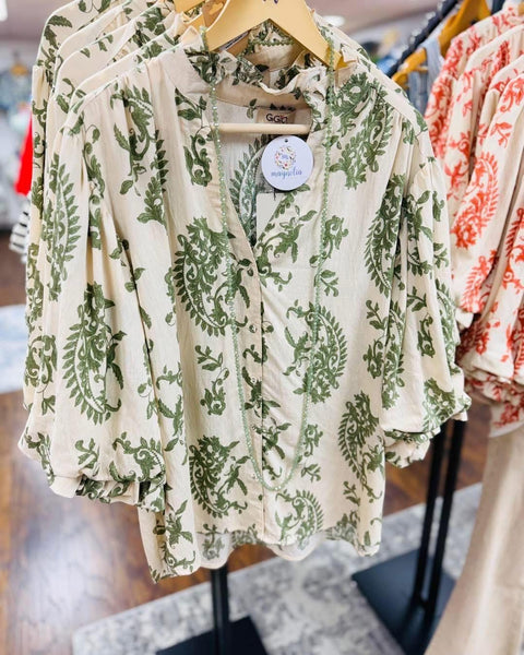 Sage Mix Button Down Top