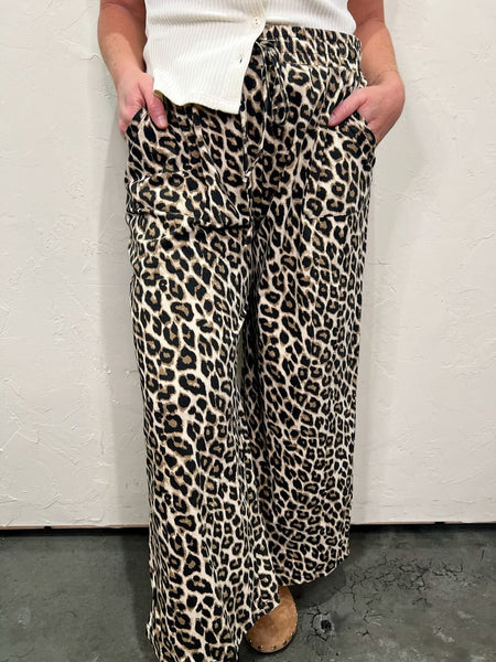 Washed Leopard Print Wide Leg Pant