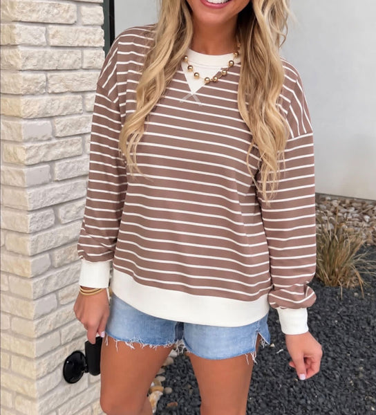 Two Tone Stripe Banded Top Mocha Fudge