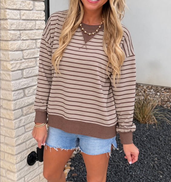 Two Tone Stripe Banded Top Ash Mocha/Brown