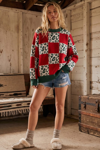 Leopard Checkered Knit Sweater Red Mix