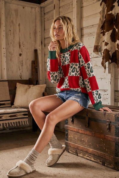 Leopard Checkered Knit Sweater Red Mix