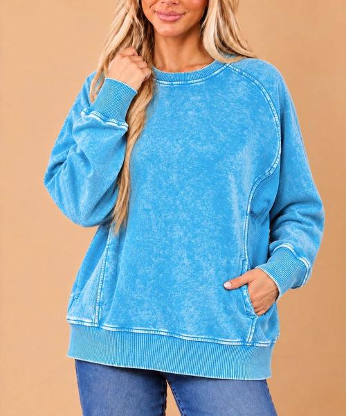 Acid Wash Fleece Sweatshirt Sky Blue