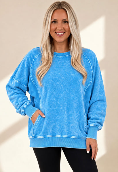 Acid Wash Fleece Sweatshirt Sky Blue