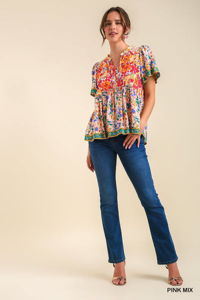 UMGEE Mixed Print Smocked Shoulder Top