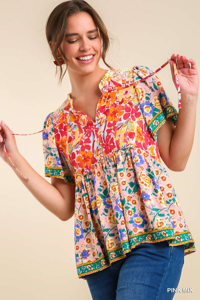 UMGEE Mixed Print Smocked Shoulder Top