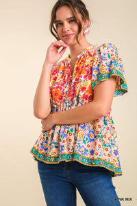 UMGEE Mixed Print Smocked Shoulder Top