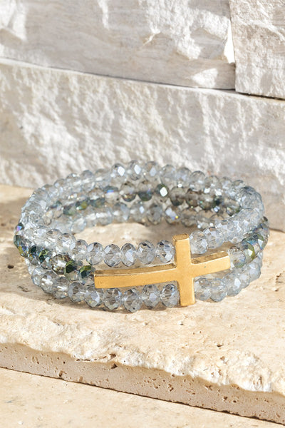 Layered Cross and Glass Bead Stretch Bracelet